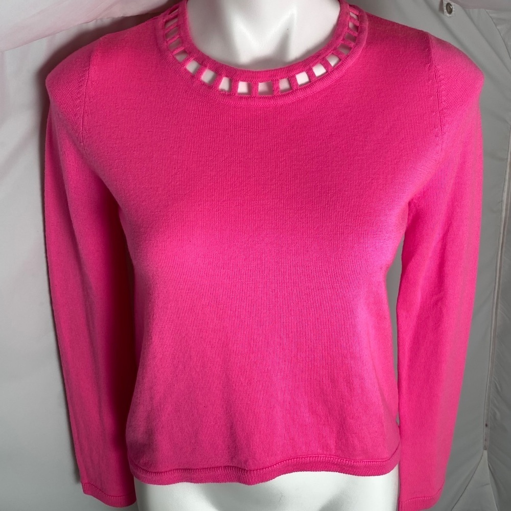 Milly Hot Pink High-Low Inset Open Weave Sweater